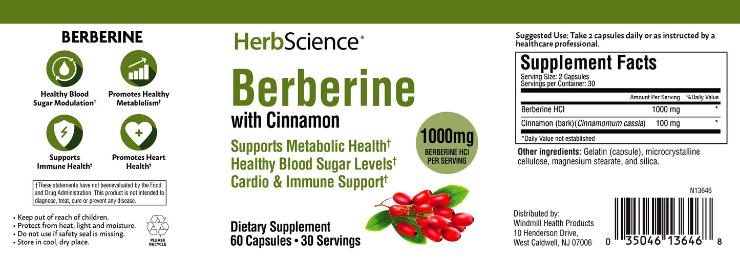 Windmill HerbScience Berberine 1000 MG w/Cinnamon 60 Caps