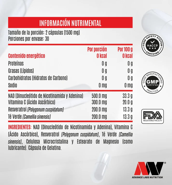 Advance Nutrition NAD + Resveratrol y Te Verde 60 Caps
