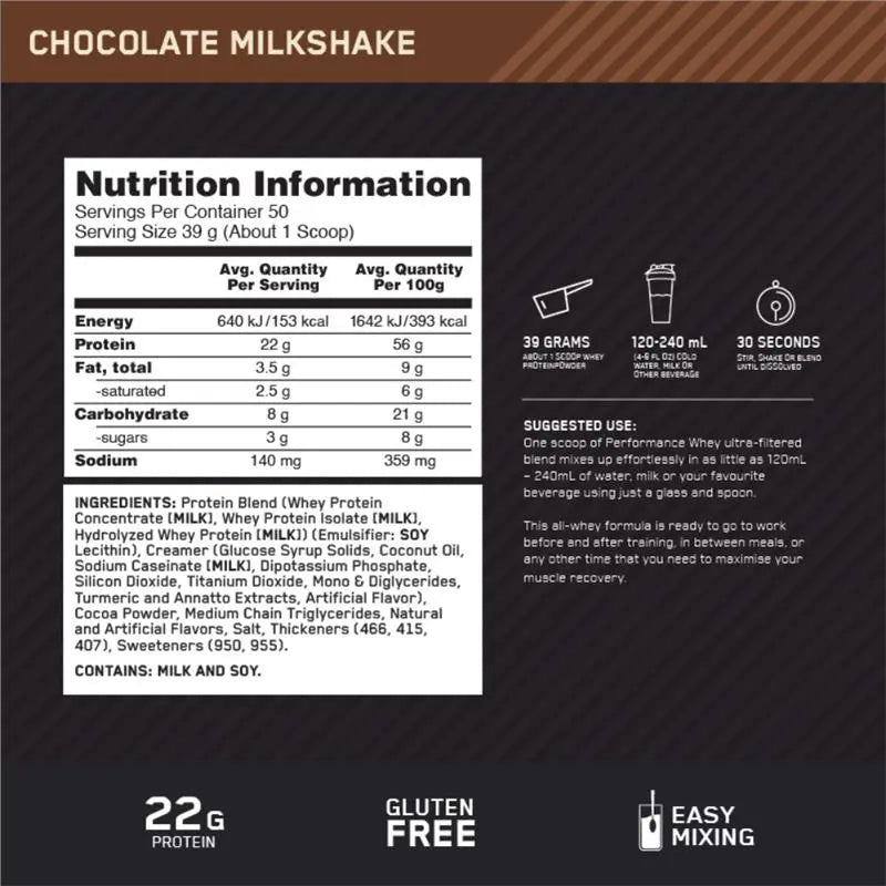 Optimum Nutrition 100% Whey Perfomance 4.3 lbs Chocolate Shake